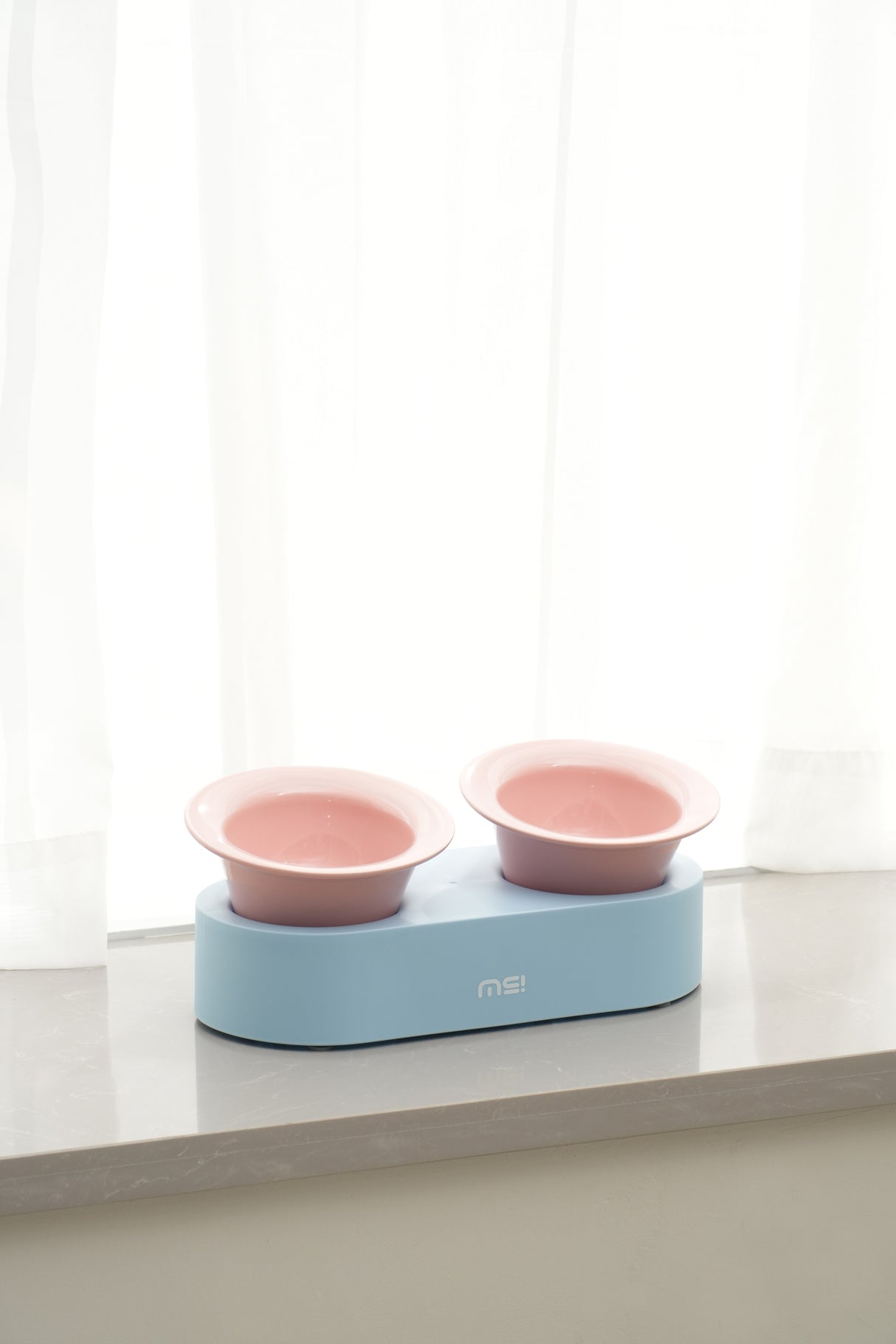 Keramische katten voer- en drinkbak - verhoogd ontwerp - lichtblauw en roze - SpirePets