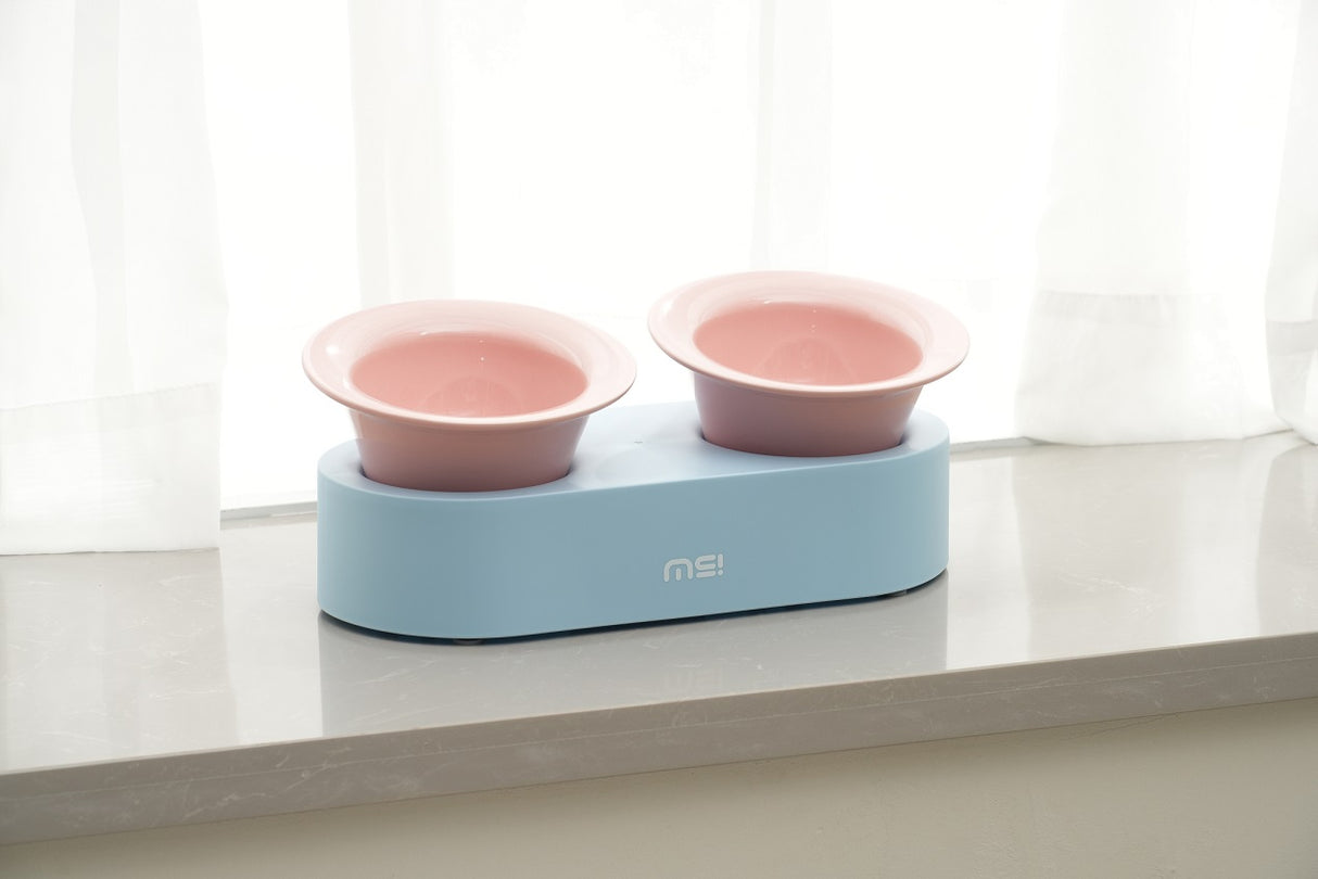 Keramische katten voer- en drinkbak - verhoogd ontwerp - lichtblauw en roze - SpirePets