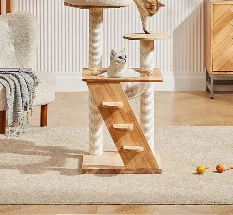 Moderne kattenboom van rubberhout - krabpaal met kattenmand en trap SpirePets