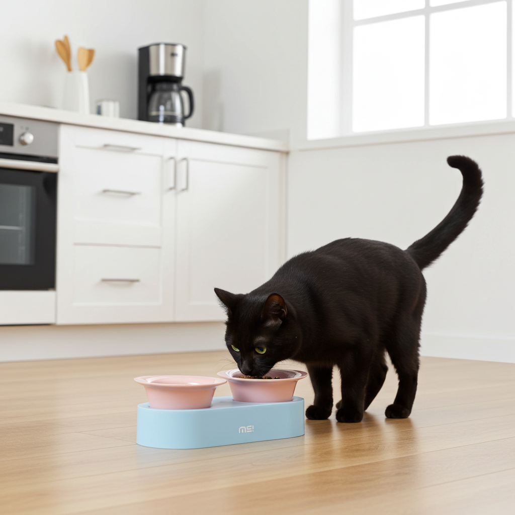 Keramische katten voer- en drinkbak - verhoogd ontwerp - lichtblauw en roze - SpirePets