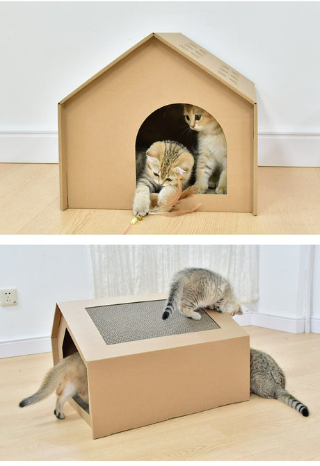Kattenhuisje van karton – Speelhuisje voor katten inclusief krabplank - SpirePets