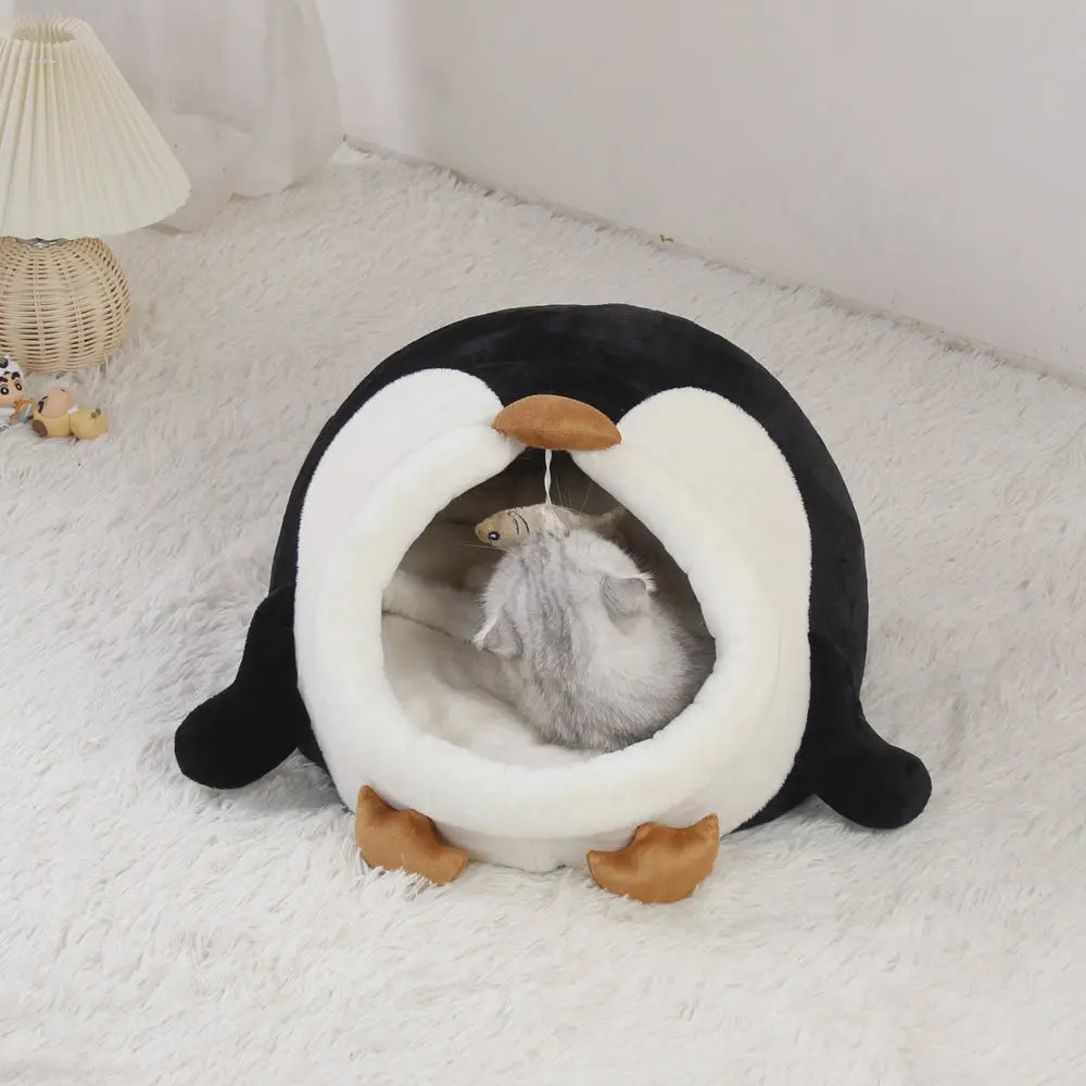 Kattenmand - kussen - schattige pinguïn - warm - half-ingesloten - zwart en wit - SpirePets