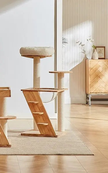 Moderne kattenboom van rubberhout - krabpaal met kattenmand en trap SpirePets