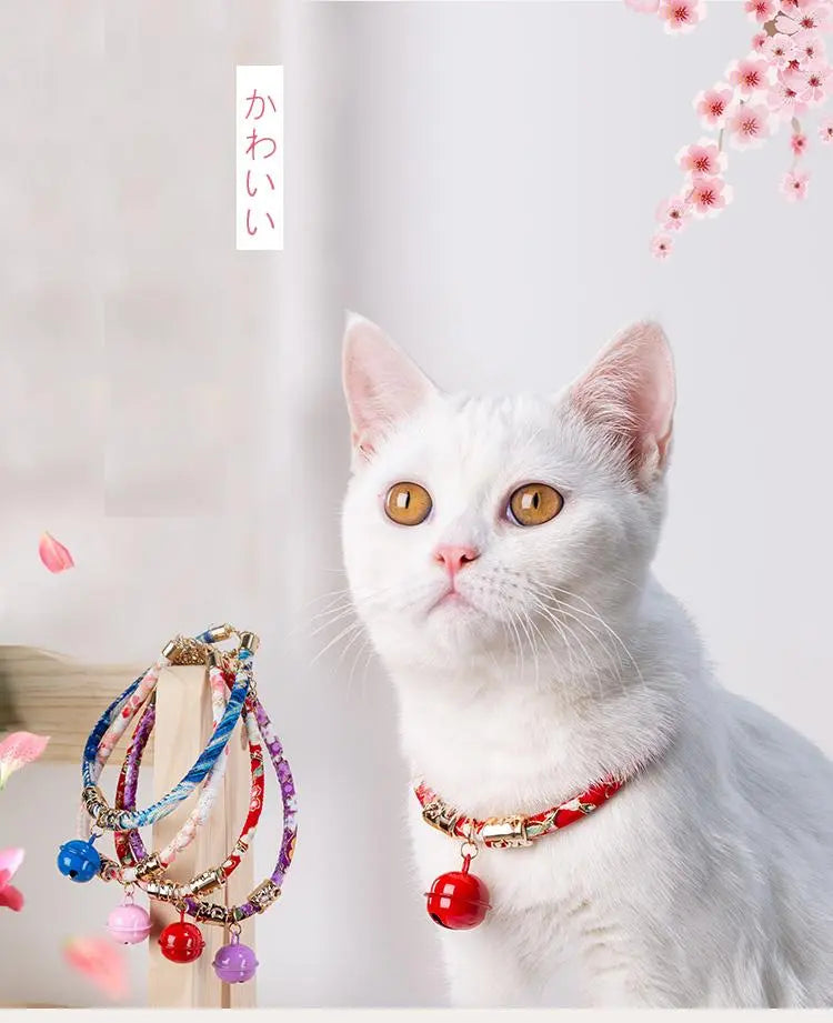 Halsband katten roze met bel - japans - verstelbaar in lengte - 29 tot 36 cm - kattehalsband - halsbandje - SpirePets